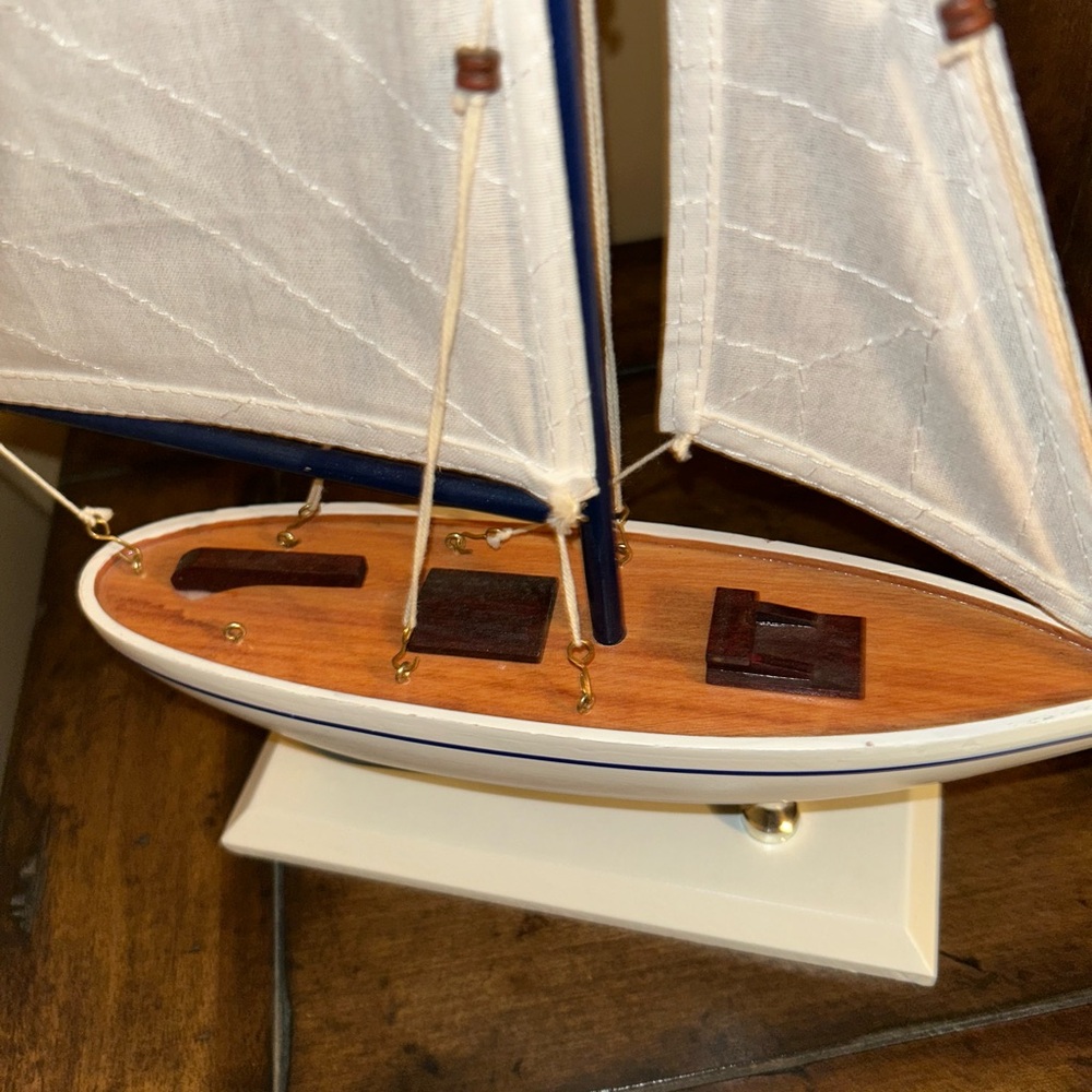 Nautical Wooden Sailboat Model Decor - White and Blue - Picture 3 of 7